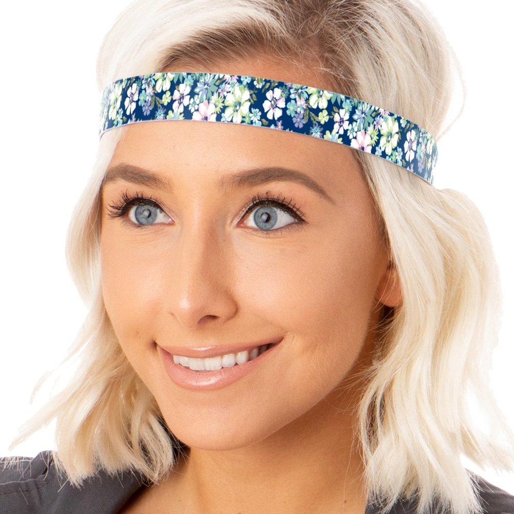 Hipsy Adjustable NO SLIP Pastel Flowers Navy Wide Non-Slip Headband